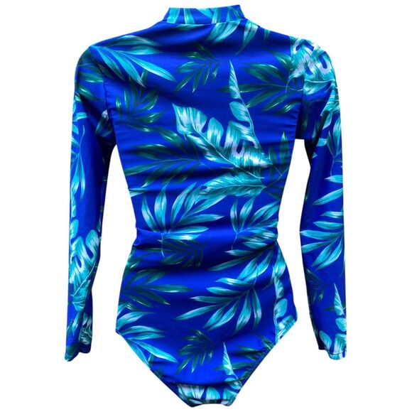 Shein Swim Tropical Print Zipper Front High Neck One Piece Blue swimsuit Size S - Picture 3 of 12